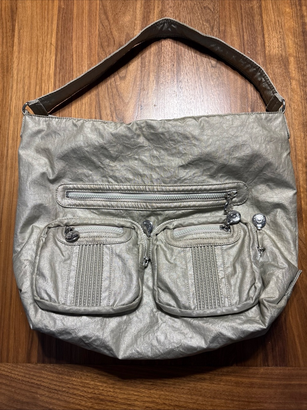 Kipling Silver Metallic Hobo Shoulder Bag Nylon Multi-Pocket Carryon, Book Bag